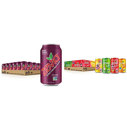 Zevia Zero Calorie Soda Can  Black Cherry  Naturally Sweetened Soda  Black Cherry-flavored Carbonated Soda  12 Fl Oz  Pack of 24  and  Kidz Sparkling Drink  Variety Pack  7.5 Ounce Cans  Pack of 24