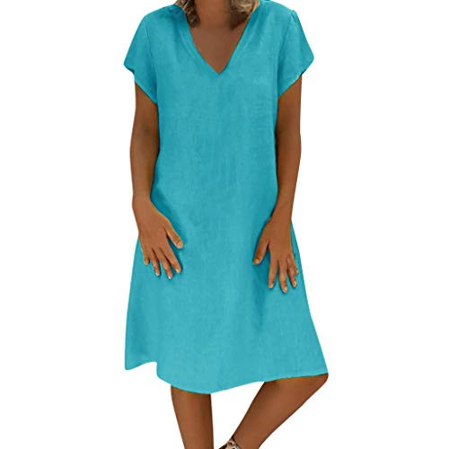 Shakumy Women s Cotton Linen Plain Dress V Neck Summer Casual Loose T Shirt Dresses Short Sleeve Swing Dress Beach Sundress