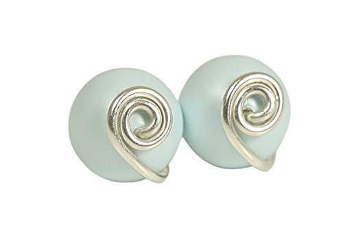 Sterling Silver Light Blue Stud Earrings with Pastel Swarovski Pearls Wire Wrapped Handmade