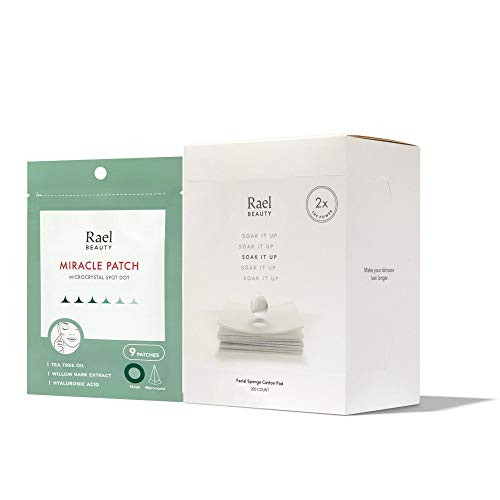 Rael Microneedle Acne Healing Patches  14mm  9 Count   and  Facial Sponge Cotton Pads  Premium Square Cosmetic Cotton  200 Count