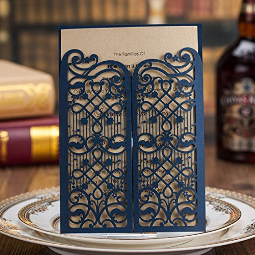 Wishmade 50x Elegant Blue Laser Cut Wedding Invitations Cards with Hollow Favors for Bridal Shower Birthday Engagement Baby Shower Graduation Cardstock Paper(set of 50pcs)CW5102