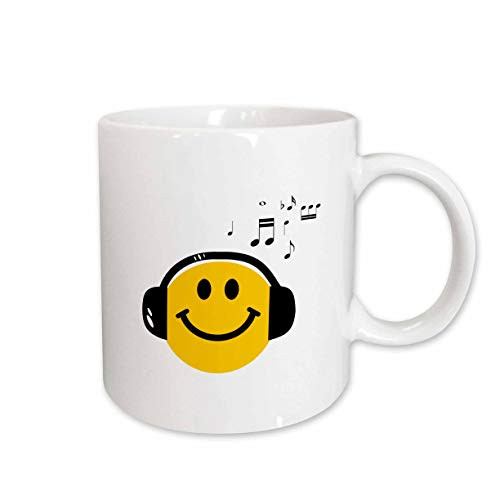 3dRose Music Loving Yellow Smiley Face with Black Headphones and Musical Notes - Happy Dj - Deejay - Ceramic Mug, 11-Ounce (mug_112819_1)