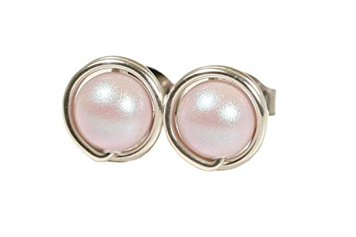 Sterling Silver Iridescent Light Pink Pearl Stud Earrings with Dreamy Rose Swarovski Pearls Wire Wrapped Handmade