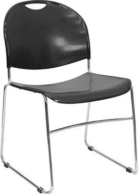 Flash Furniture HERCULES Series 880 lb. Capacity Black Ultra Compact Stack Chair with Chrome Frame