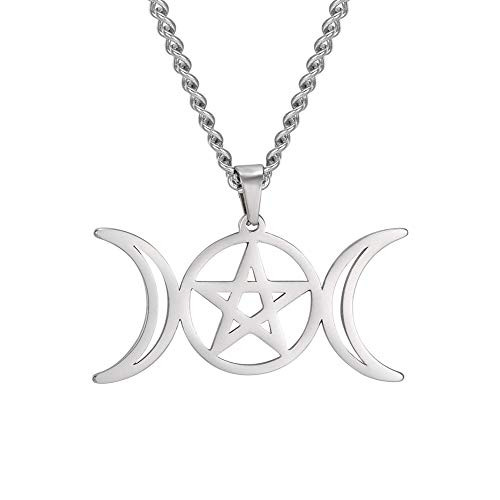 TEAMER Stainless Steel Triple Moon Goddess Amulet Wicca Pentagram Necklace for Women Men Pagan Jewelry