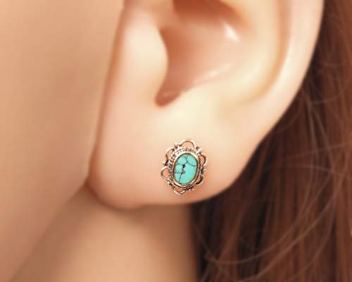 Sterling Silver Oval Decorated Frame 8x10mm set with 4x6mm Oval Reconstructed Turquoise Gemstone Stud Earrings  Handmade Oval Studs