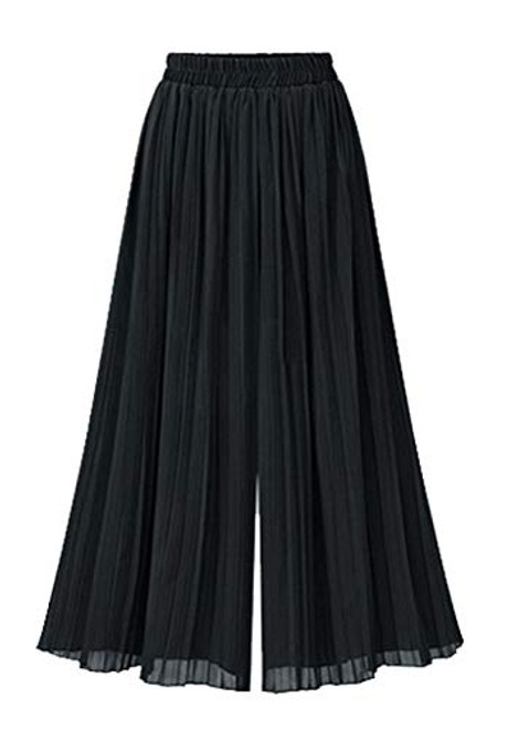 chouyatou Women s Elastic Waist A-Line Pleated Chiffon Cropped Wide Leg Pants Culottes  XX-Large  Black
