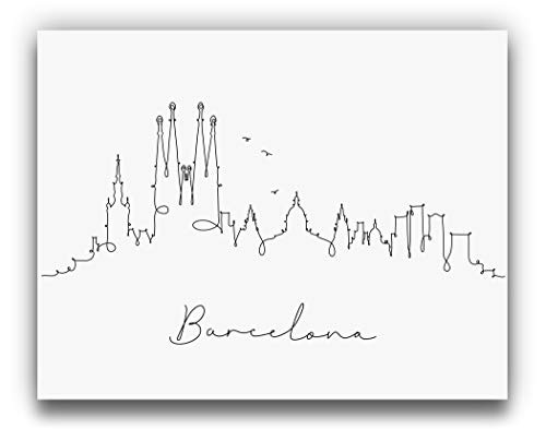 Barcelona Skyline Pen and Ink Line Drawing Wall Decor  Black and White 14x11 UNFRAMED Modern Minimalist Print   Spain Cityscape Wall Art