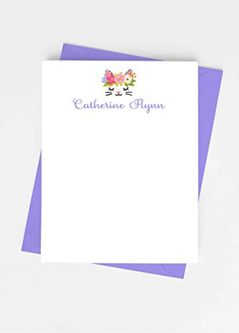 Kitten Personalized Flat Stationery Note Cards with Envelopes  Girls Stationary Set with Cats  Kids Correspondence Cards  Choice of Envelope Colors  Pack of 12