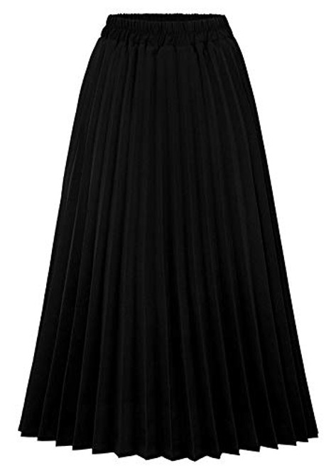 CHARTOU Womens Chic Elastic High Waisted A Line Leopard Print Pleated Shirring Midi-Long Skirt  Black  Large