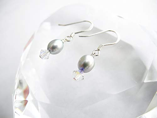 Light Silver Blue Cultured Freshwater Pearl and Swarovski Crystal Earrings Light Silver Blue Cultured Freshwater Pearl and Swarovski Crystal Earrings