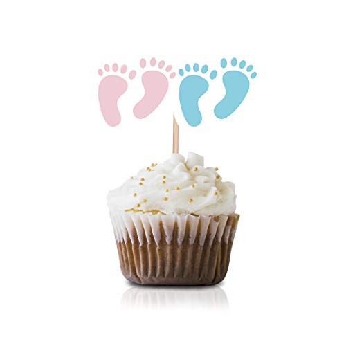 Pink and Blue Twins Cupcake Topper Picks  24-Pack Girl Boy twin Feet Baby Shower Or Kids Birthday Party Decorations