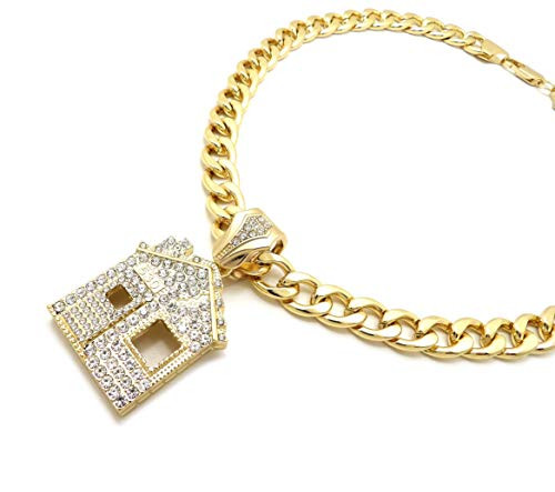 BLINGFACTORY Hip Hop Gold Plated Trap House Pendant  and  11mm 18 inch  Cuban Choker Chain Necklace