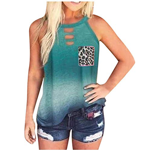 Tie Dye Shirt for Women Leopard Print Pocket Halter Neck Gradient T-Shirt Short Sleeve Rainbow Patchwork Tee Tank Tops