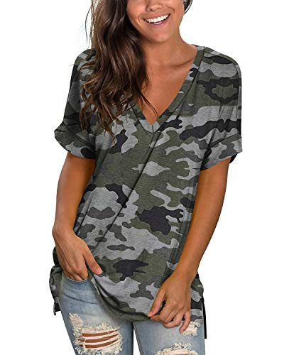 liher Womens Tunic Tops Casual V Neck Short Sleeve Camo Print Oversized Tshirt L