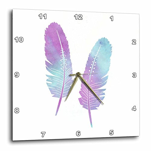3dRose DPP_212101_2 Bohemian Two Feather Art Watercolor Purple and Blue Wall Clock, 13 x 13