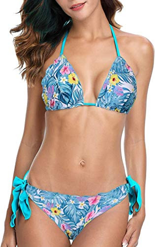 CharmLeaks Womens Halter Triangle Bikini Swimsuit Tie Side Floral 2 Piece Swimwear String Bikini Set L