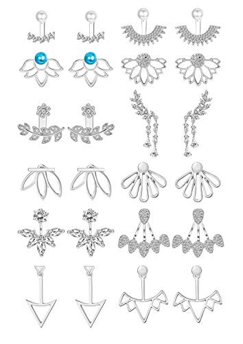 Florideco 12 Pairs Lotus Flower Earring Jackets for Women Chic CZ Studs Earrings Pearl Stud Ear Jacket Earrings Front Back Earrings Silver Tone