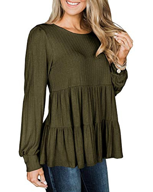 Modershe Womens Long Sleeve Tunic Babydoll Knit Tops Peplum Ruffle Hem Blouse Loose Casual Shirt Flowy Swing Shift Dark Green