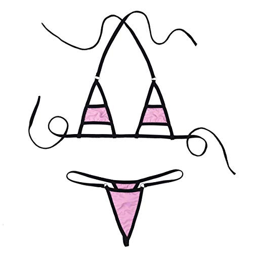 QinCiao Women s 2 Pieces Bikini Set Halter Bra Top and Micro G-String Thongs Swimsuit Bathing Suit Pink One Size
