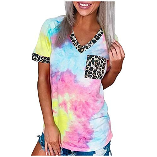 GDJGTA Women Casual Tie-DyeT Shirt Summer Leopard Patchwork Print V Neck Short Sleeve Tops Tunic Shirts Blouse Sky Blue