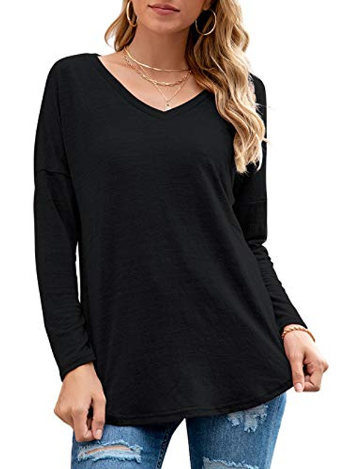 Neineiwu Womens Long Sleeve V Neck Tunic Tops Loose Casual Blouse Shirts  Black XL