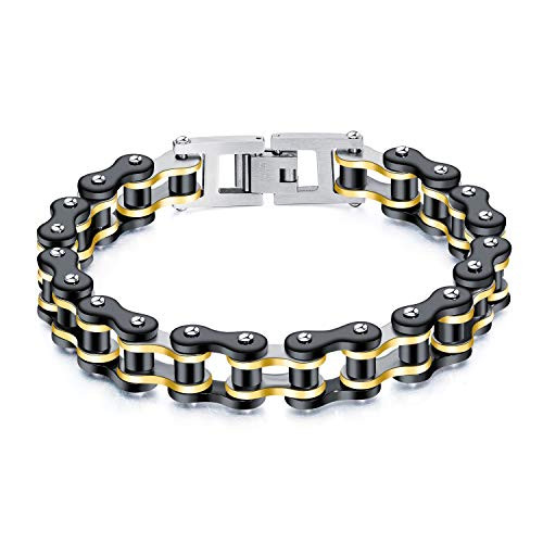 Mens Stainless Steel Heavy and Study Link Chain Motorcycle Bike Chain Bracelet Two Tone Polished Black and Gold Mens Stainless Steel Heavy and Study Link Chain Motorcycle Bike Chain Bracelet Two Tone Polished Black and Gold