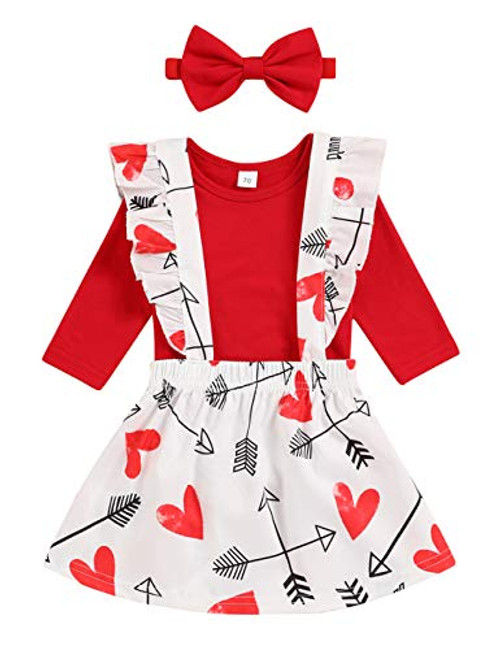 bilison Newborn Baby Girl Valentine Day Clothes Ruffle Sleeve Romper Top PlusHeart Print Suspender Skirt Dress Valentine Day Outfits Red