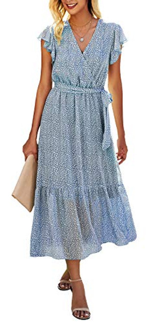 BTFBM Women Summer Bohemian Floral Casual Wrap V Neck Ruffle Cap Sleeveless Belt A-Line Pleated Hem Swing Midi Sun Dress Light Blue Large BTFBM Women Summer Bohemian Floral Casual Wrap V Neck Ruffle Cap Sleeveless Belt A-Line Pleated Hem Swing Midi Sun Dress Light Blue Large