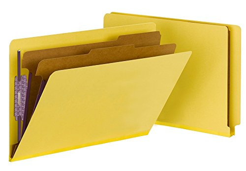 Smead End Tab Pressboard Classification File Folder with SafeSHIELD Fasteners, 2 Dividers, 2" Expansion, Legal, Yellow, 10 per Box (29789)