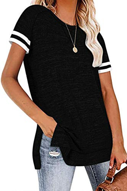 cordat Womens Tops Striped Short Sleeve Round Neck T Shirts Side Split Tunic Black cordat Womens Tops Striped Short Sleeve Round Neck T Shirts Side Split Tunic Black