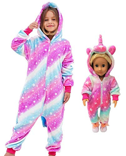 Unicorn Pajamas Onesie Costume Matching Doll  and  Girls Gifts  Purplish rose starlight  10-12 Years