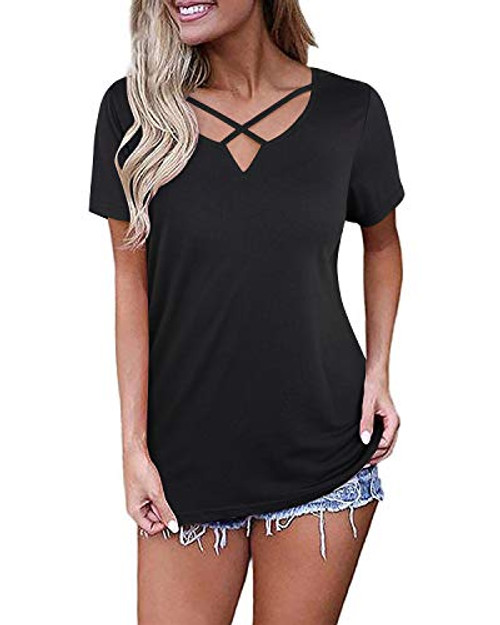VOTEPRETTY Womens Short Sleeve Tunic Tops V Neck T Shirts Criss Cross Summer Casual Tee Black L VOTEPRETTY Womens Short Sleeve Tunic Tops V Neck T Shirts Criss Cross Summer Casual Tee Black L