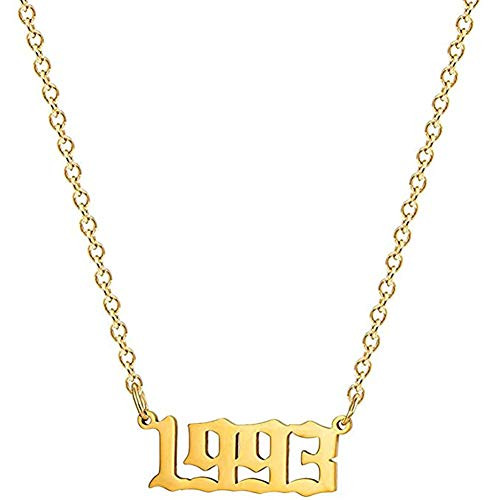 EXGOX Birth Year Necklace 1990-2010 Stainless Steel Silver Gold Plated Pendant Old English Year Necklace Personalized Birthday Gift for Women and Girl
