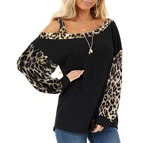 Women s Plus Size Tops Cold Shoulder Leopard-Print Long Sleeve Casual Blouse T-Shirt Black 3XL