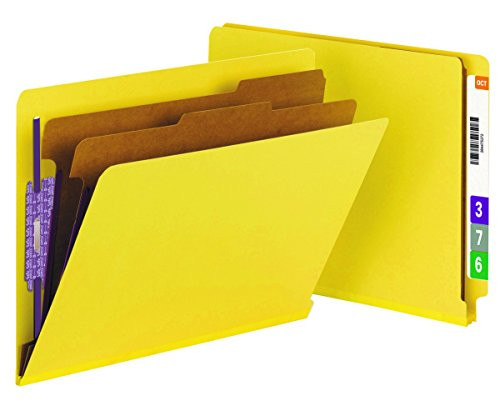 Smead End Tab Pressboard Classification File Folder with SafeSHIELD Fasteners, 2 Dividers, 2" Expansion, Letter Size, Yellow, 10 per Box  (26789)