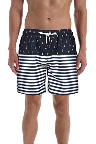 QRANSS Mens Stripes Swim Trunks Boys Quick Dry Beach Bathing Shorts Swim Suit with Drawstring