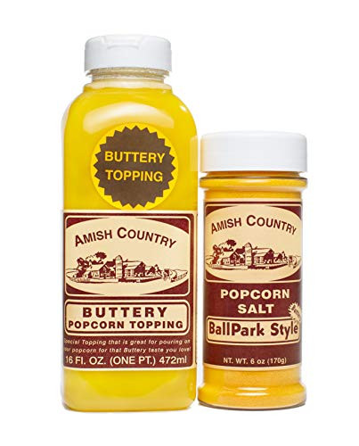Amish Country Popcorn   Seasoning and Topping Variety Pack   Buttery Topping - 16 oz and Ballpark ButterSalt Popcorn Salt - 6 oz   Old Fashioned with Recipe Guide