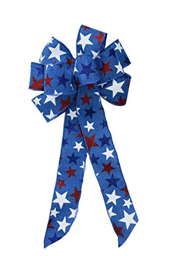 10 inch  Wired Patriotic Glitter Stars on Blue Ribbon Wreath Bow