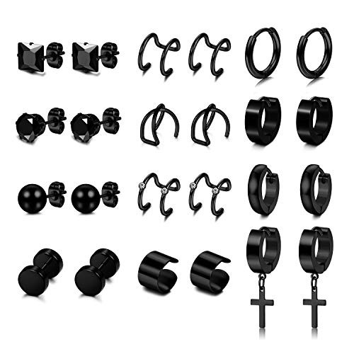 Florideco 12Pairs Stainless Steel Black Stud Earrings Huggie Dangle Earring Ear Cuff Cross Hoop Earrings Set for Women Men