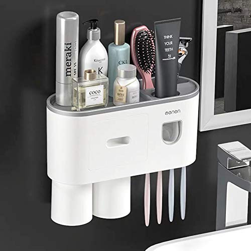 Automatic Toothpaste Dispenser with Toothbrush Holder  Multifunctional Toothbrush Holder Wall Mounted with 4 Toothbrush Slots 2 Cups  Drawers Cosmetic Organizer for Bathroom and shower room.