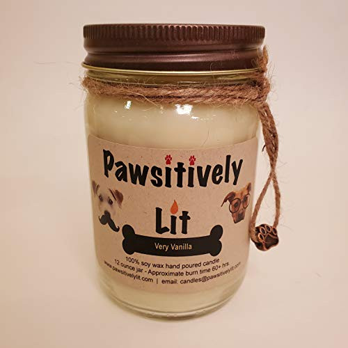 Very Vanilla Scented 12 Ounce Pawsitively Lit 100 Percent Soy Wax Mason Jar Candle