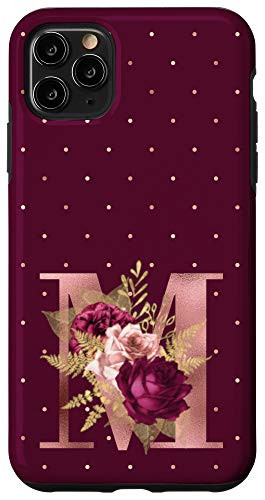 iPhone 11 Pro Max Maroon floral Initial Letter M monogram blush flowers Case