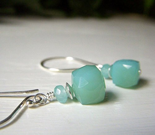 Aqua Chalcedony Earrings - Sterling Silver Drop - Light Blue Cube Gemstone Aqua Chalcedony Earrings - Sterling Silver Drop - Light Blue Cube Gemstone