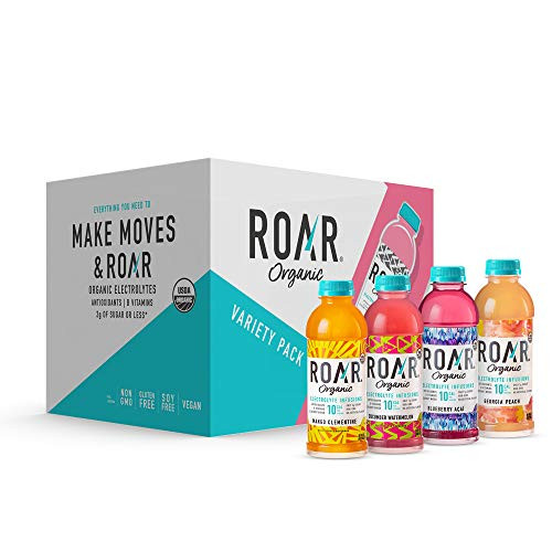 Roar Organic Electrolyte Infusions - USDA Organic - 4-Flavor Variety Pack - with Antioxidants  B Vitamins  Low-Calorie  Low-Sugar  Low-Carb  Coconut Water Infused Beverage 18 Fl Oz  Pack of 12