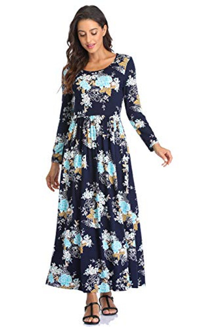 Qurvoo Women s Long Sleeves Maxi Dress Plain Empire Waist Casual Dress Loose Fall Winter Dresses with Pockets