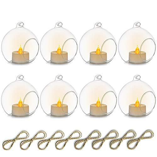 Nuptio 8 Pcs 3.15 inch   8cm Hanging Glass Tealight Holder Globe with LED Tealight  Plant Terrariums Glass Orbs Air Plants Tea Light Candle Holders Home Decor Indoor Outdoor Garden DIY Gifts  8 Pcs