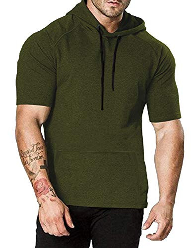 COOFANDY Men s Fashion Athletic Hoodies Pullover Muscle Fit Workout Gym Sweatshirt Cotton Short Sleeve Hooded T-Shirts Army Green