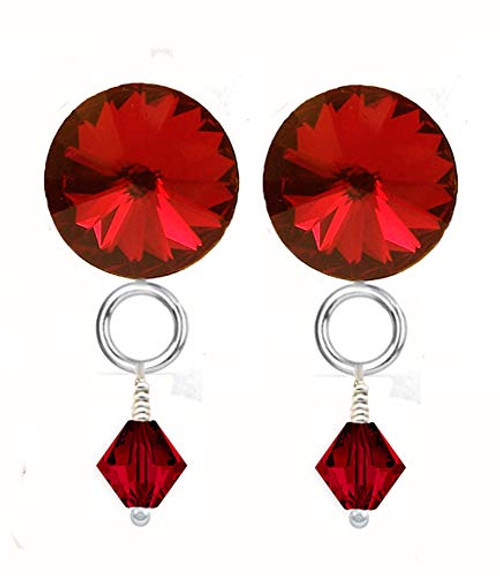 Red Rhinestone Post Earrings made with Swarovski Crystal Rivolis set in Stainless Steel Cups with Red Crystal Dangle Red Rhinestone Post Earrings made with Swarovski Crystal Rivolis set in Stainless Steel Cups with Red Crystal Dangle