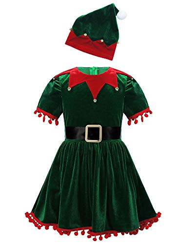 Aislor Big Girls Christmas Santa Claus Clothes Ruffled Sleeves Patchwork Tassel Tutu Dress with Hat Belt Light Green 3
